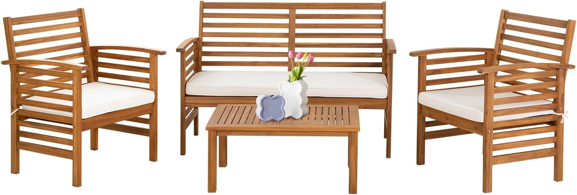 Outdoor Wood Sofa Set Patio Conversation Sets Acacia Patio Sofas Set with Thick and Soft Cushions Easy to Assemble Patio Furniture Set Natural Acacia Wood Compact and Sturdy Design Furniture Set-0