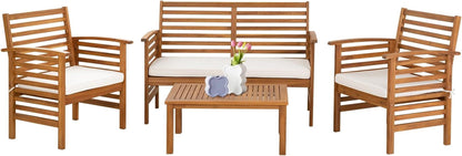 Outdoor Wood Sofa Set Patio Conversation Sets Acacia Patio Sofas Set with Thick and Soft Cushions Easy to Assemble Patio Furniture Set Natural Acacia Wood Compact and Sturdy Design Furniture Set-0