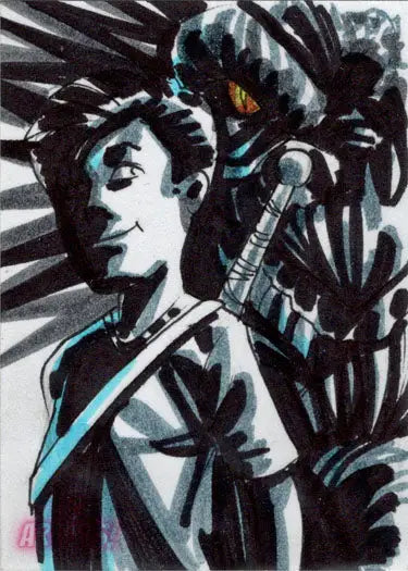 Stylized sketch card by Andy Carreon features a guitar player amid tropical leaves