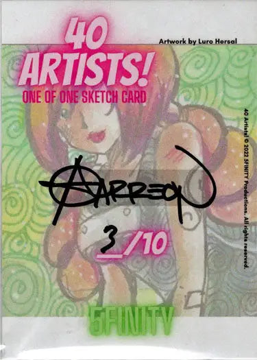 Stylized cartoon face sketch card by Andy Carreon with pink hair on a green background