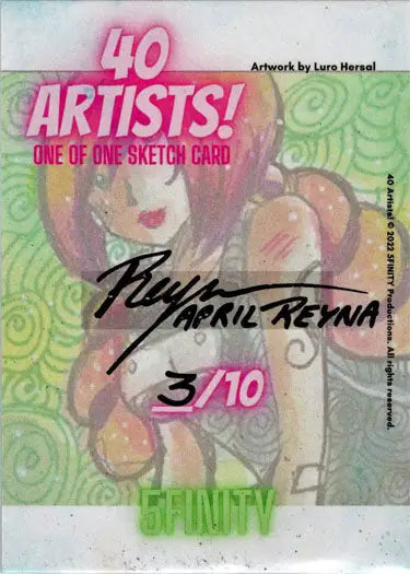 Stylized cartoon face sketch card by April Reyna in pink, orange, and green tones