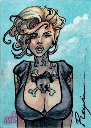 Stylized illustration of a tattooed blonde woman on April Reyna sketch card design
