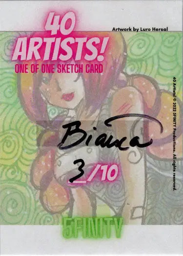 Sketch card by Bianca Thompson featuring a pink-haired cartoon character on green backdrop
