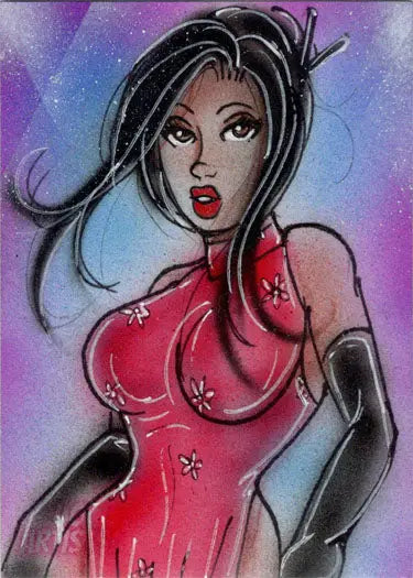 Stylized sketch card illustration of a woman in a red dress by Bianca Thompson