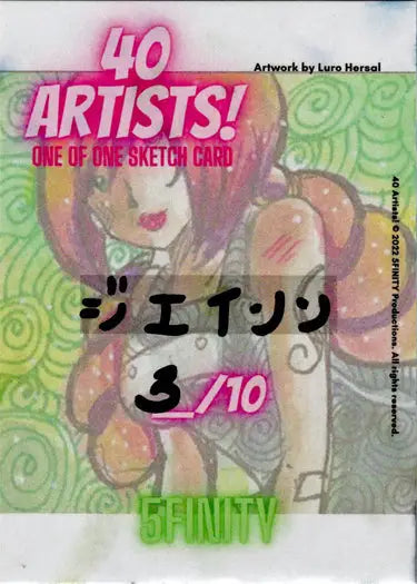 Colorful sketch card by Jason Montoya featuring a cartoon character with pink hair