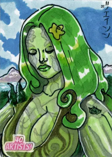 Stylized green-haired female figure with nature features from Jason Montoya sketch card