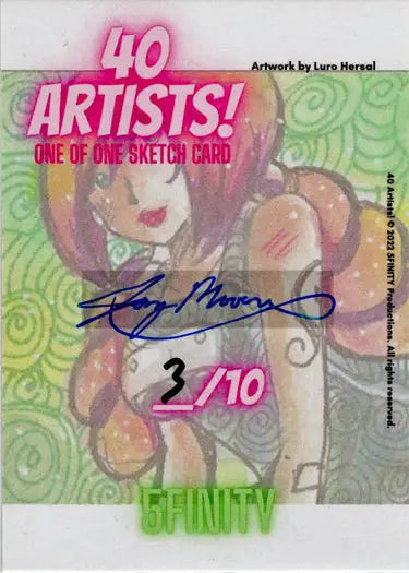 Colorful sketch card by Jay Mooers featuring a cartoon character with pink hair