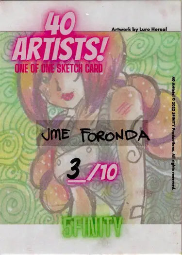Colorful sketch card by Jme Foronda featuring a cartoon figure with pink hair