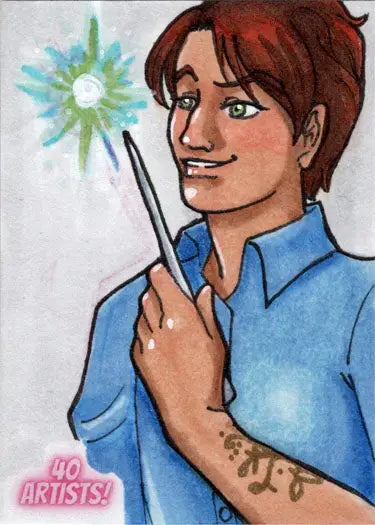 Cartoon portrait of smiling person in blue shirt on Maegan Cook sketch card