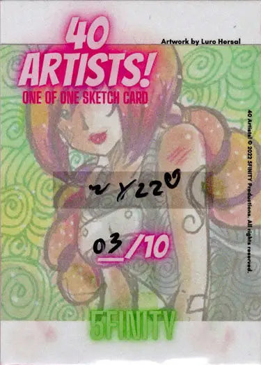 Stylized sketch card by Mary Bellamy featuring a pink-haired woman on a green background