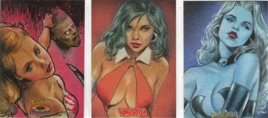 Set of three stylized portraits of women in vibrant colors from exclusive three card set