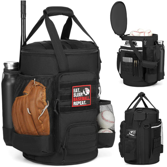 SunForMorning Baseball Bucket Bag Baseball Coaching Accessories Organizer Softball Bucket Bag with Anti-Slip Bottom & Multiple Pockets for Bat Gloves Scoreboards Black