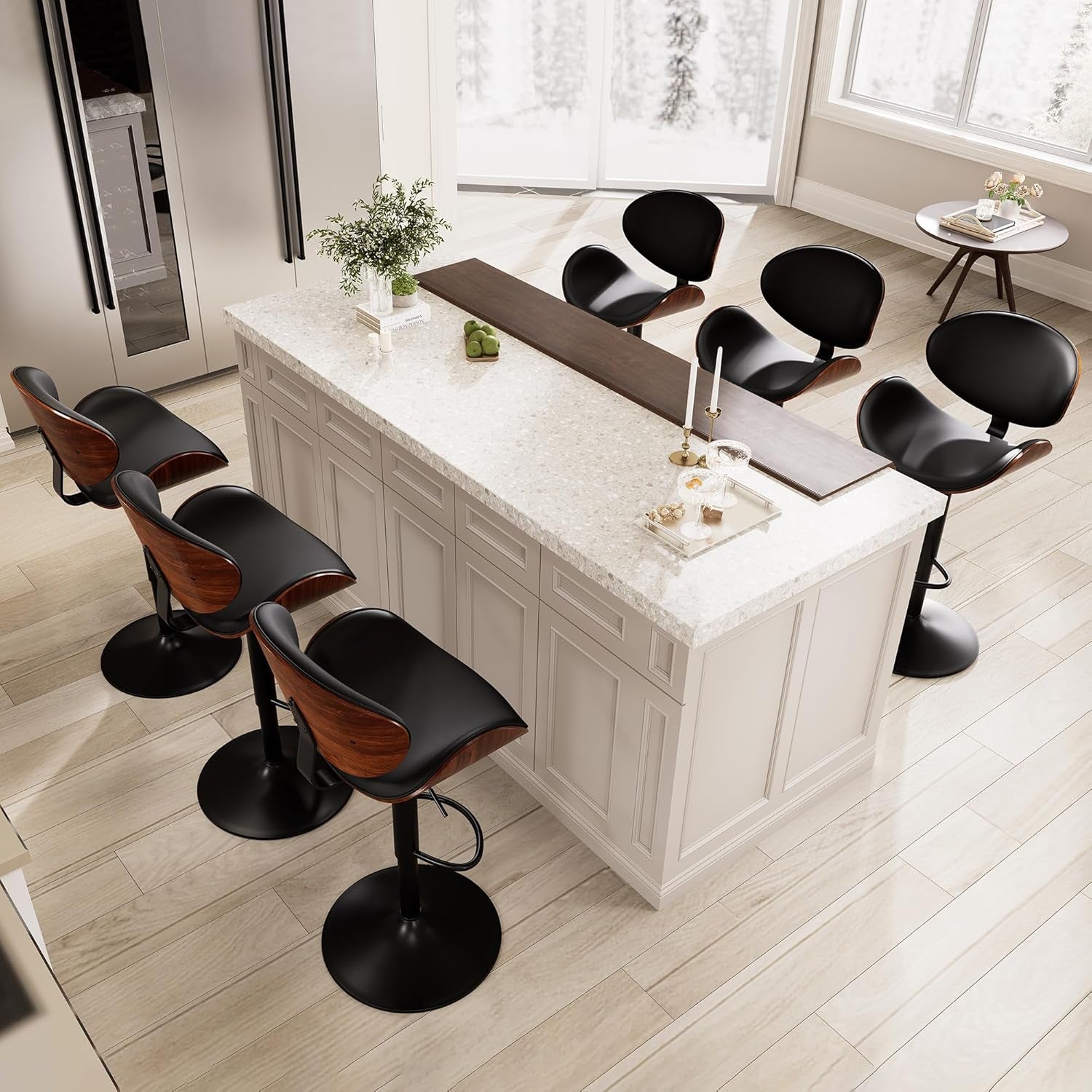 6 Black Large Bar Stools with Back 21" Wide Modern Swivel Adjustable Height Bar Chairs with Footrest PU Leather Upholstered Bentwood Barstools for Kitchen Counter Island 330LBS Load-0