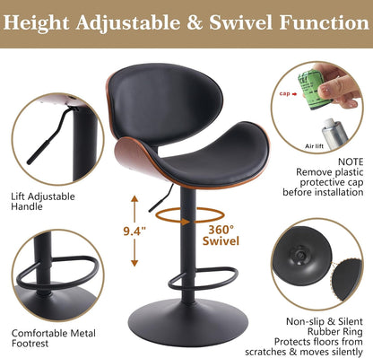 6 Black Large Bar Stools with Back 21" Wide Modern Swivel Adjustable Height Bar Chairs with Footrest PU Leather Upholstered Bentwood Barstools for Kitchen Counter Island 330LBS Load-2