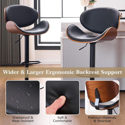 6 Black Large Bar Stools with Back 21" Wide Modern Swivel Adjustable Height Bar Chairs with Footrest PU Leather Upholstered Bentwood Barstools for Kitchen Counter Island 330LBS Load-3