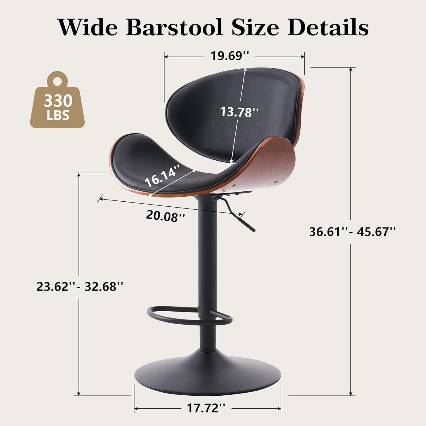 6 Black Large Bar Stools with Back 21" Wide Modern Swivel Adjustable Height Bar Chairs with Footrest PU Leather Upholstered Bentwood Barstools for Kitchen Counter Island 330LBS Load-1