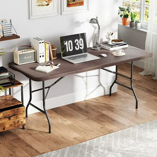 6 ft Portable Folding Table with Rattan-Like HDPE Tabletop and Safe Lock Mechanism-Brown - Color:Brown - Folding Table