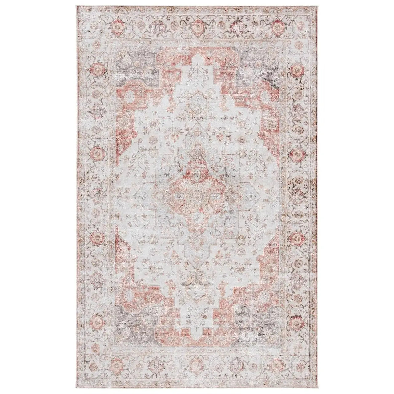 6 ft. x 9 ft. Traditional Persian Style Washable Boho Light Grey Red Area Rug - Rugs