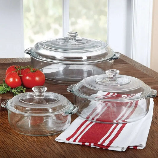 6-Piece Round Glass Casserole Cookware Bakeware Set with Lids - Cookware Sets