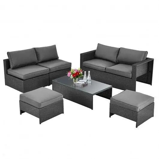 6 Pieces Patio Rattan Furniture Set with Glass Table and Cushioned Seat-Gray - Color:Gray - Outdoor Sectionals
