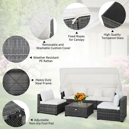 6 Pieces Patio Rattan Furniture Set with Retractable Canopy - Color:Gray - Outdoor Sectionals