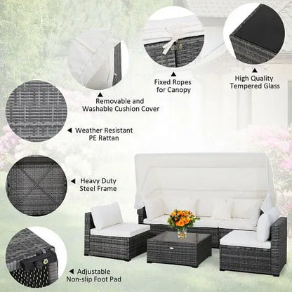 6 Pieces Patio Rattan Furniture Set with Retractable Canopy - Color:Gray - Outdoor Sectionals