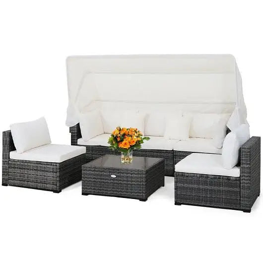 6 Pieces Patio Rattan Furniture Set with Retractable Canopy - Color:Gray - Outdoor Sectionals
