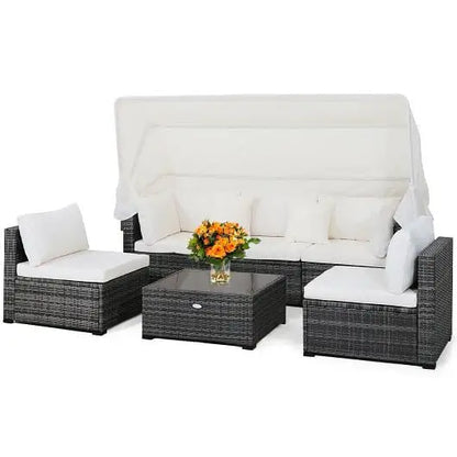 6 Pieces Patio Rattan Furniture Set with Retractable Canopy - Color:Gray - Outdoor Sectionals