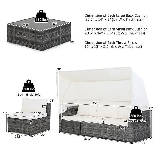 6 Pieces Patio Rattan Furniture Set with Retractable Canopy - Color:Gray - Outdoor Sectionals
