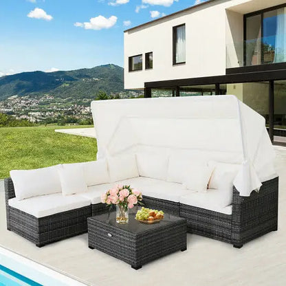 6 Pieces Patio Rattan Furniture Set with Retractable Canopy - Color:Gray - Outdoor Sectionals