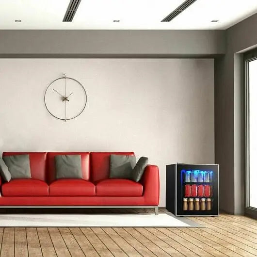 60 Can Beverage Mini Refrigerator with Glass Door - Color:Black - Wine & Beverage Coolers