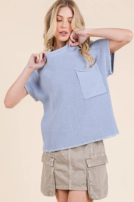 Lime 'N' Chili Solid Cap Sleeve Stitch Edge Knit Sweater