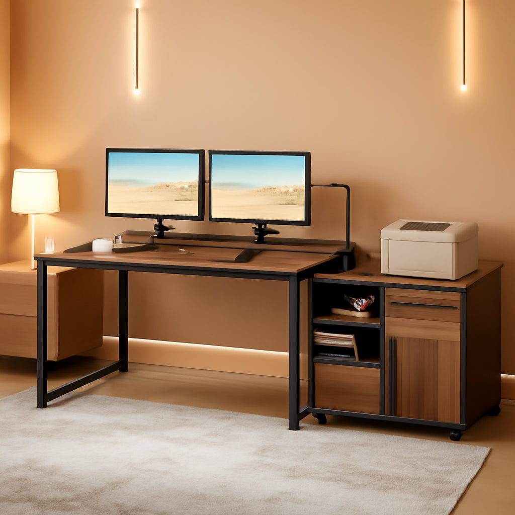 71" Walnut Executive L Desk with File Cabinet-0