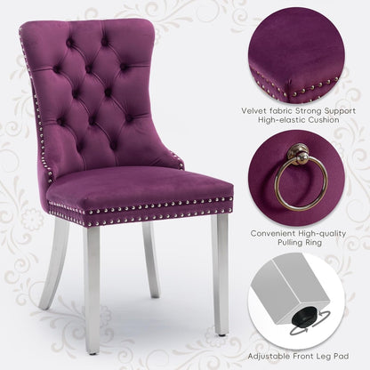 Velvet Upholstered Dining Chairs Set of 4, Modern Kitchen Side Chairs with Nailhead Trim and Silver Plated Leg, Metal Pulling Ring for Dining Room Living Room(Purple-Silver Plated Leg)-4