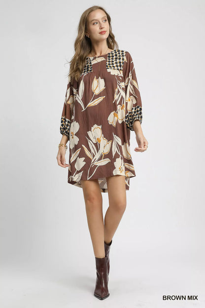 Umgee Apparel, Brown Floral High-Low, Babydoll Day Dress SM/MED/LG
