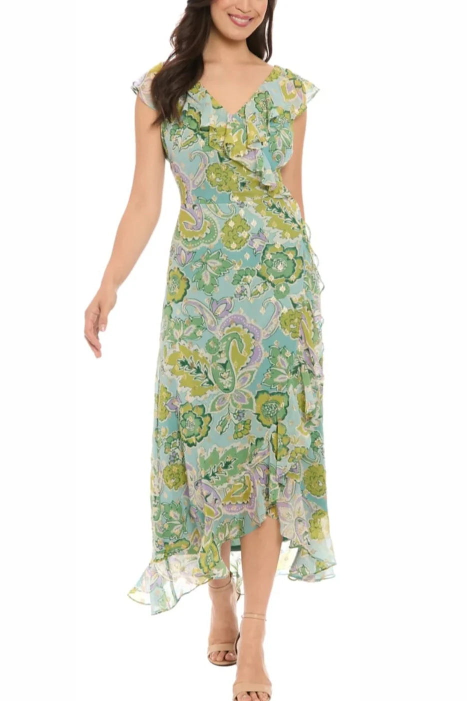 London Times Chiffon Green Metallic Floral Day Dress