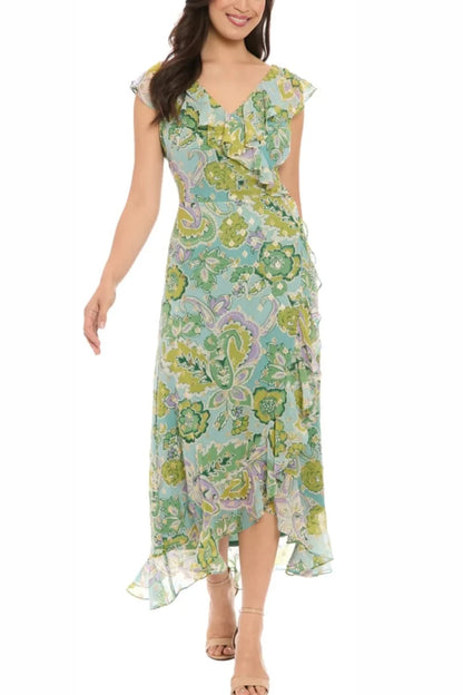 London Times Chiffon Green Metallic Floral Day Dress