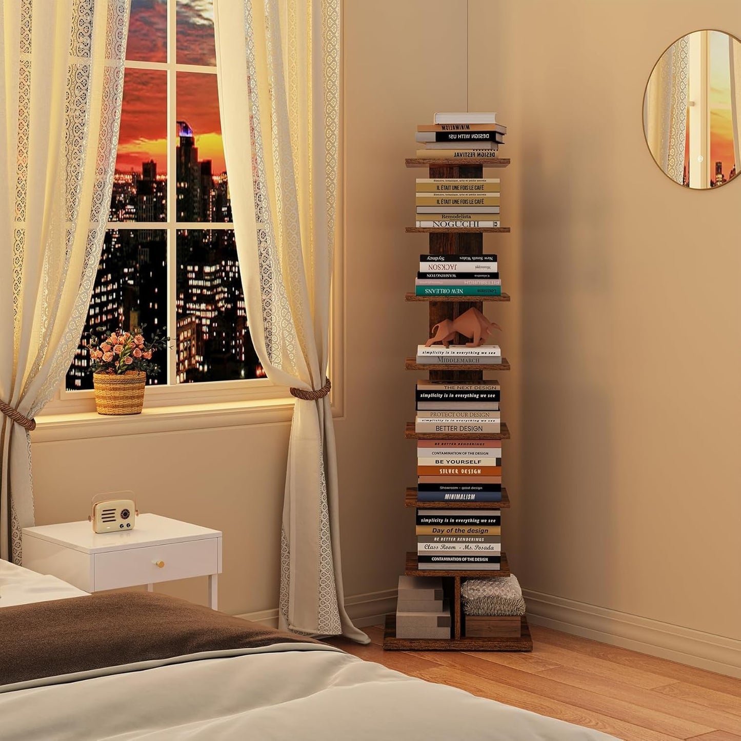 Vertical Bookshelf, 8-Tier Bookcase, Narrow Spine Book Shelf for Small Space, Corner Standing Shelf for Living Room, Office, Study, Entryway, Rustic Brown BS06BB008-2