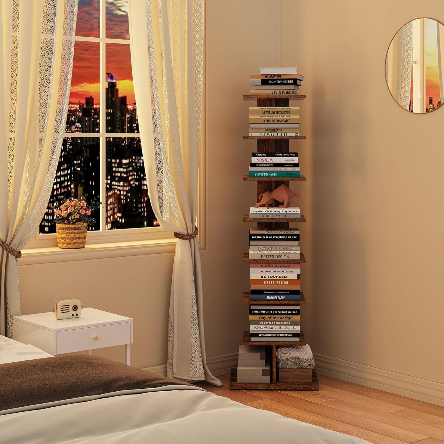 Vertical Bookshelf, 8-Tier Bookcase, Narrow Spine Book Shelf for Small Space, Corner Standing Shelf for Living Room, Office, Study, Entryway, Rustic Brown BS06BB008-2