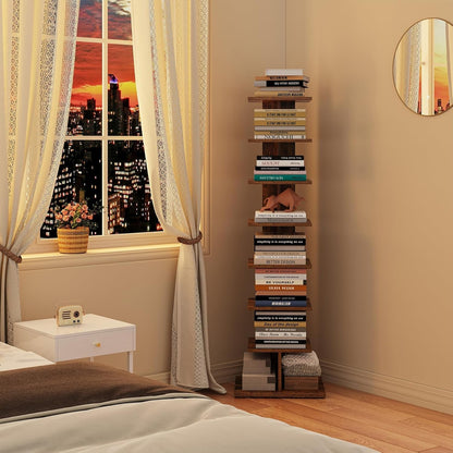 Vertical Bookshelf, 8-Tier Bookcase, Narrow Spine Book Shelf for Small Space, Corner Standing Shelf for Living Room, Office, Study, Entryway, Rustic Brown BS06BB008-2