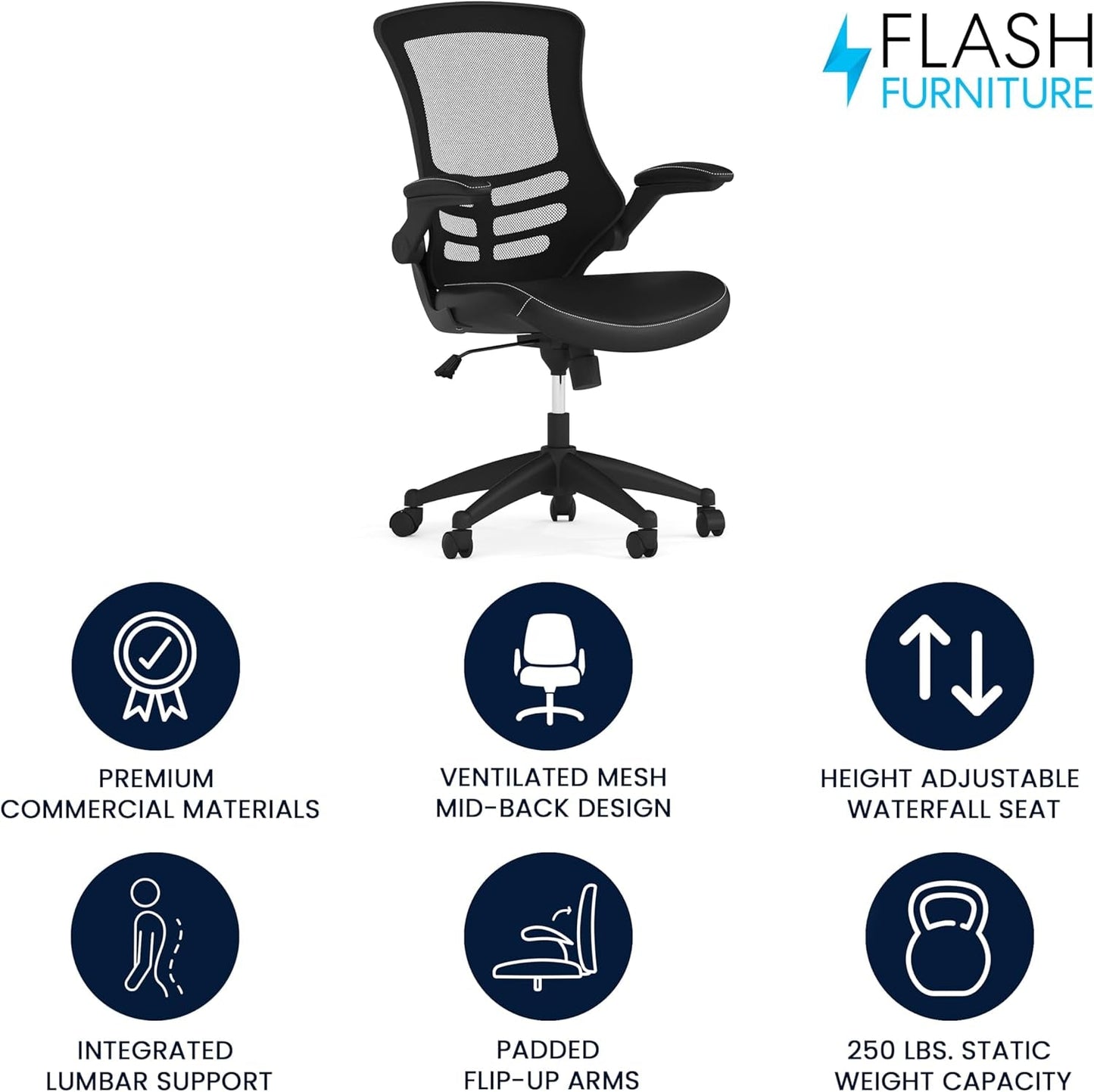 Kelista Mid-Back Swivel Office Chair with Adjustable Seat Height, Ergonomic Mesh Desk Chair with Leathersoft Seat, Black-1