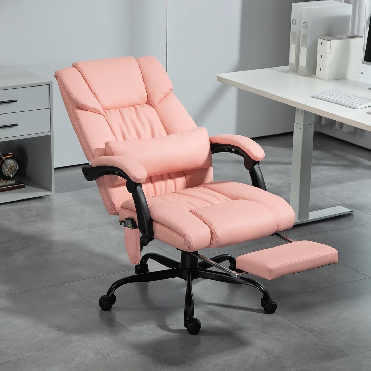 High Back Massage Office Chair with 6 Vibration Points, PU Leather Reclining Computer Chair, Ergonomic Desk Chair with Footrest Adjustable Height and Remote, Pink-1