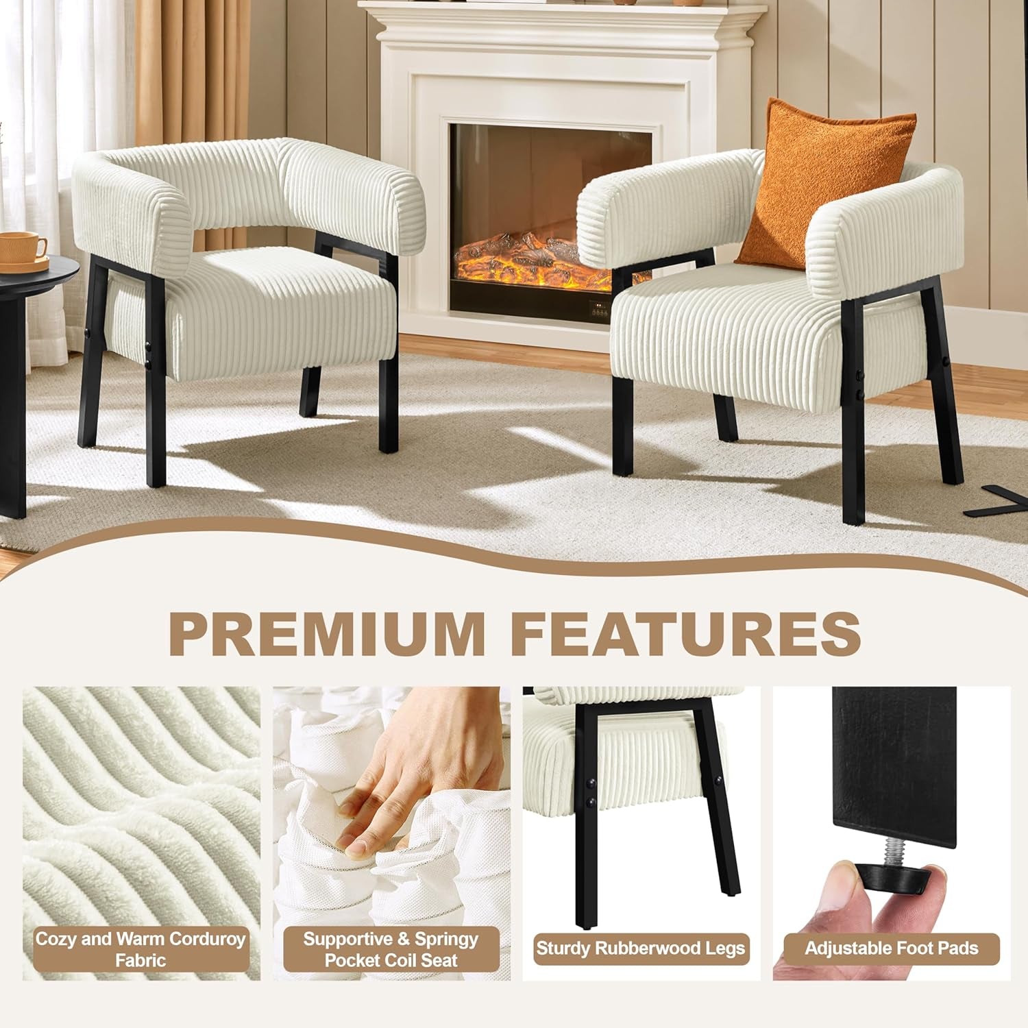 Beige Corduroy Barrel Accent Chair Set of 2 with Wood Legs-2