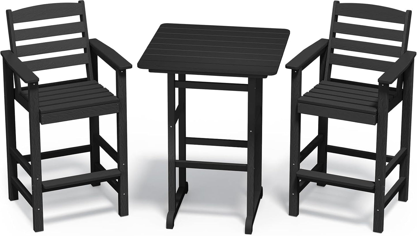 Balcony Adirondack Chairs and Table 3 Pieces Set, Adirondack Bar Height Chairs Set of 2 and Bar Table, Outdoor Bar Stools Set for Bistro, Poolside, Backyard, Black-0