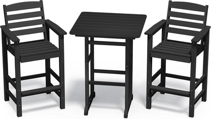 Balcony Adirondack Chairs and Table 3 Pieces Set, Adirondack Bar Height Chairs Set of 2 and Bar Table, Outdoor Bar Stools Set for Bistro, Poolside, Backyard, Black-0