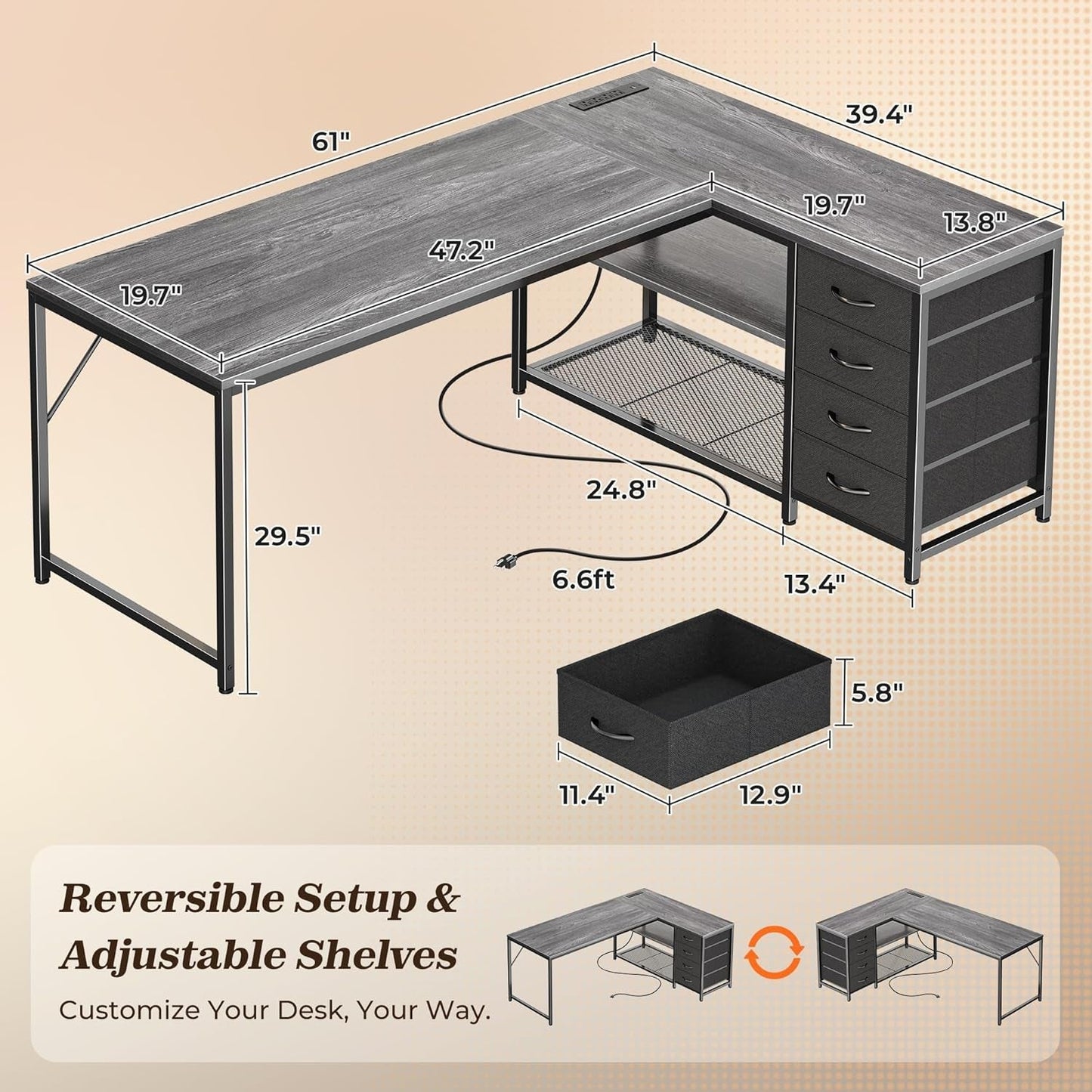 61" L Shaped Desk with Power Outlets and USB-C Port, Reversible Computer Corner Office Desk with 4 Fabric Drawers and 2 Height-Adjustable Shelves, Large for Gaming Writing Work Study, Grey-2
