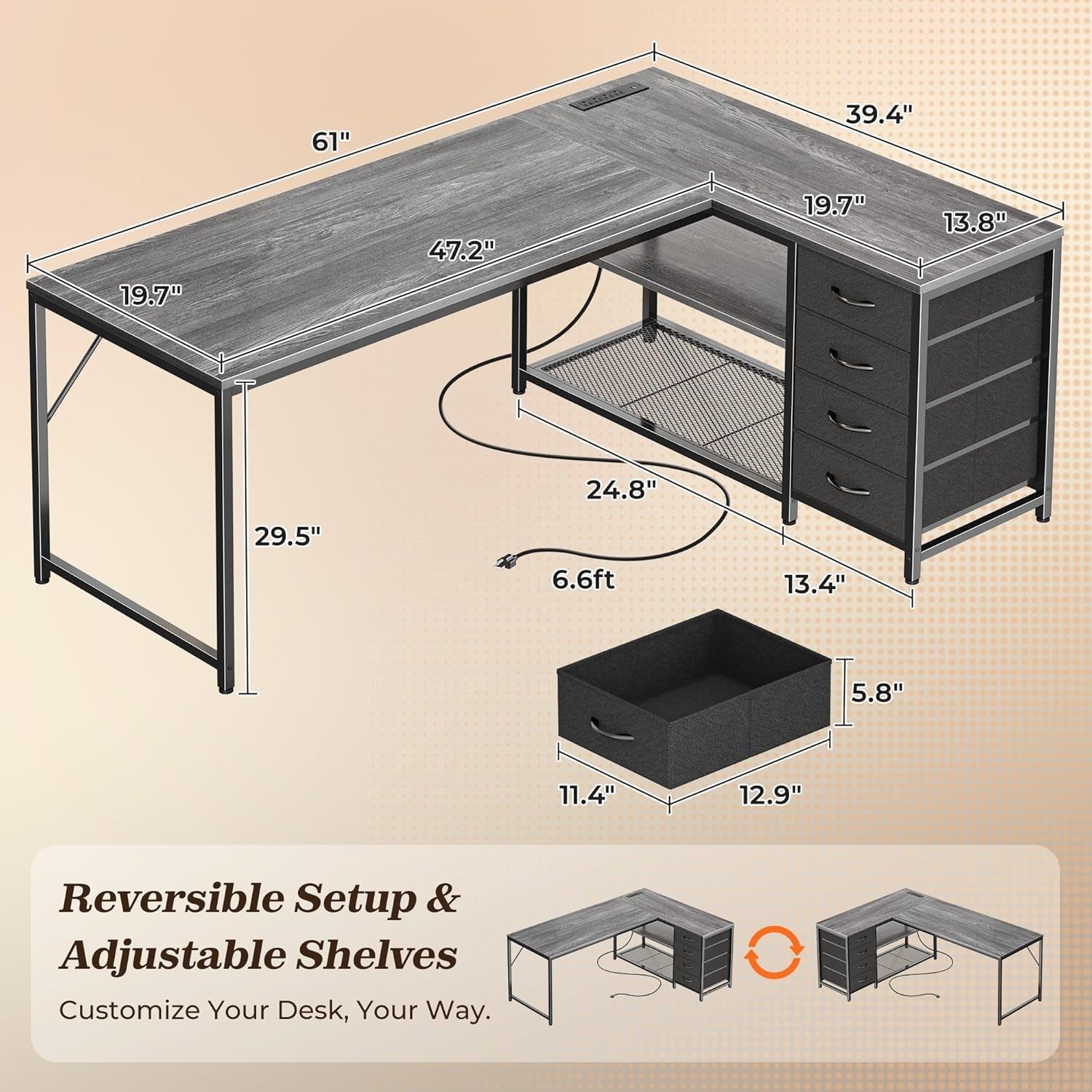 61" L Shaped Desk with Power Outlets and USB-C Port, Reversible Computer Corner Office Desk with 4 Fabric Drawers and 2 Height-Adjustable Shelves, Large for Gaming Writing Work Study, Grey-2