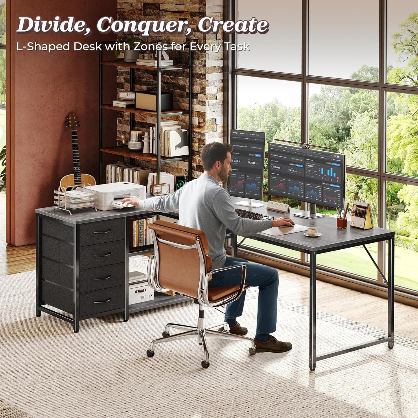 61" L Shaped Desk with Power Outlets and USB-C Port, Reversible Computer Corner Office Desk with 4 Fabric Drawers and 2 Height-Adjustable Shelves, Large for Gaming Writing Work Study, Grey-1