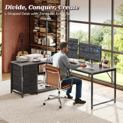61" L Shaped Desk with Power Outlets and USB-C Port, Reversible Computer Corner Office Desk with 4 Fabric Drawers and 2 Height-Adjustable Shelves, Large for Gaming Writing Work Study, Grey-1