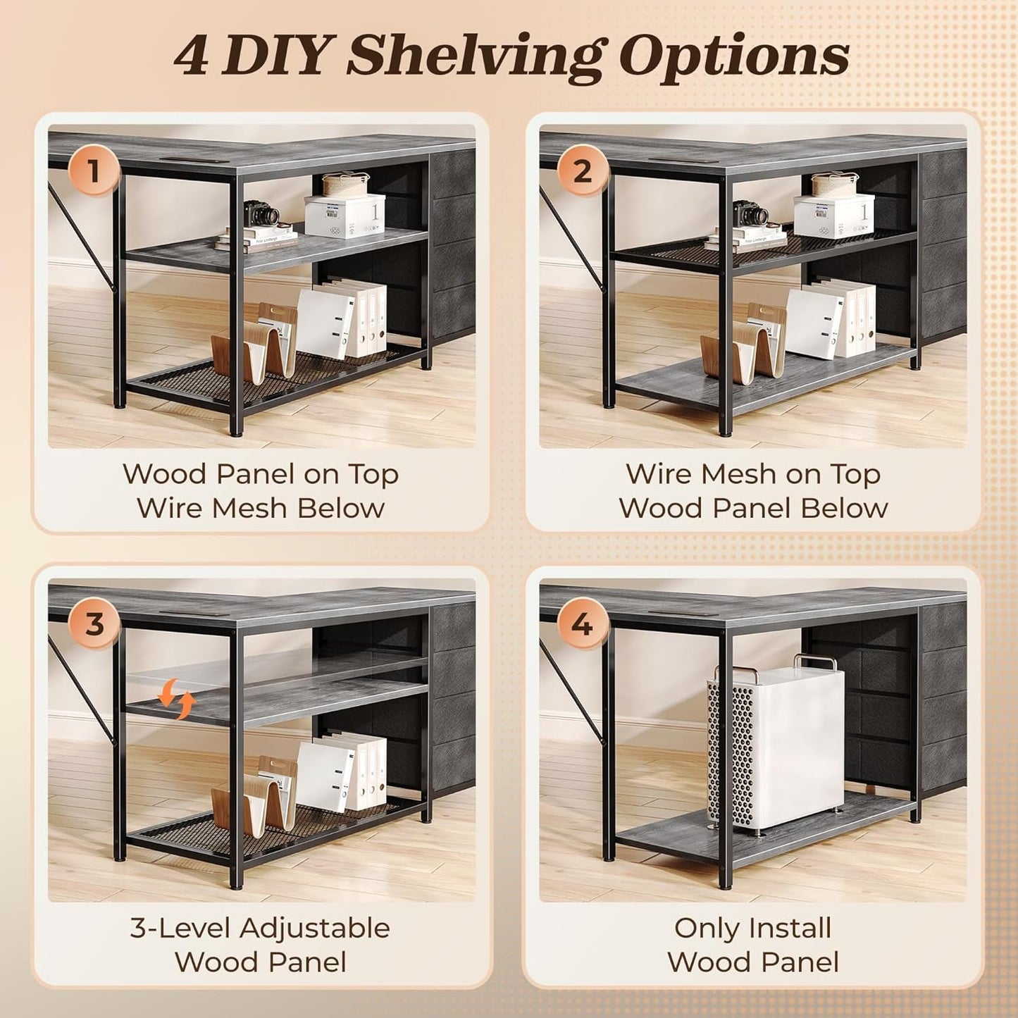 61" L Shaped Desk with Power Outlets and USB-C Port, Reversible Computer Corner Office Desk with 4 Fabric Drawers and 2 Height-Adjustable Shelves, Large for Gaming Writing Work Study, Grey-4